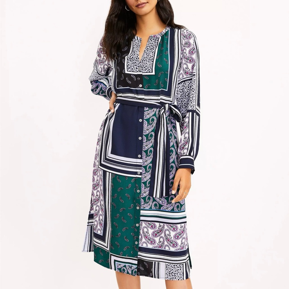 Loft Multicolor Patchwork Long Sleeve Midi Dress … - image 1